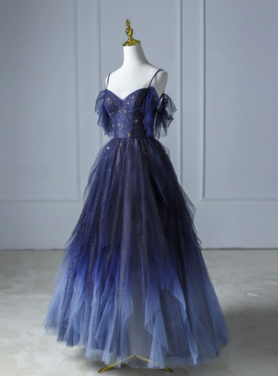 Blue Gradient Tulle Sequins Straps Beading Prom Dress