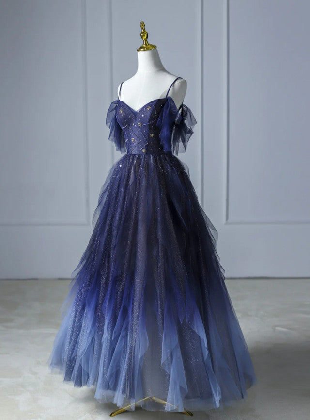 Blue Gradient Tulle Sequins Straps Beading Prom Dress