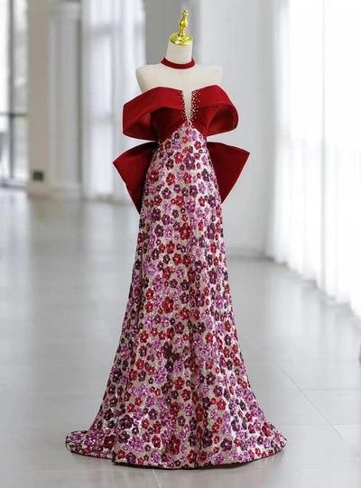 Burgundy Sequins Bow Prom Dress