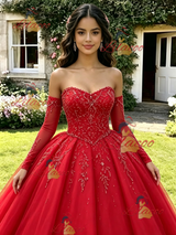 Red Tulle Long Sleeve Quinceanera Dress