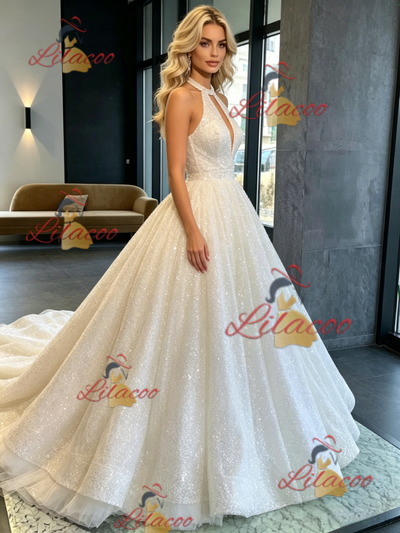 White Sequins Halter Backless Wedding Dress