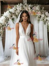 White Tulle V-neck Pleats Wedding Dress