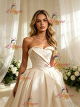 Champagne Satin Strapless Pleats Wedding Dress