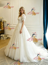 Beige White Tulle Lace Puff Sleeve Appliques Wedding Dress