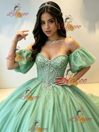 Green Tulle Puff Sleeve Beading Quinceanera Dress