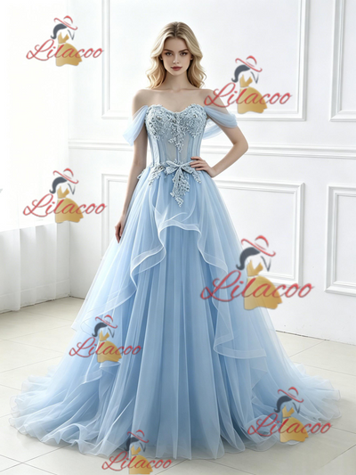 Blue Tulle Lace Straps Prom Dress