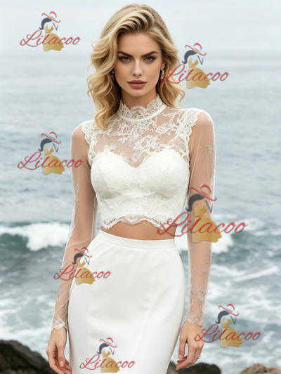 White Mermaid Two Piece Long Sleeve Wedding Dress