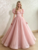 Pink Sequins Puff Sleeve Prom Dress