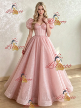 Pink Sequins Puff Sleeve Prom Dress