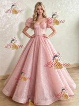 Pink Sequins Puff Sleeve Prom Dress