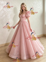 Pink Sequins Puff Sleeve Prom Dress