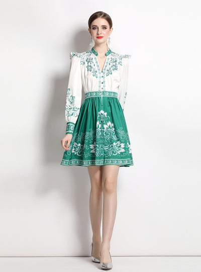 Printed Retro V-neck Lantern Sleeve Dress