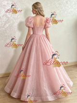 Pink Sequins Puff Sleeve Prom Dress