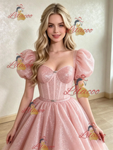 Pink Sequins Puff Sleeve Prom Dress