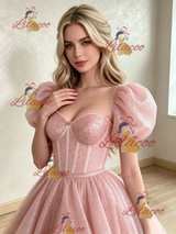 Pink Sequins Puff Sleeve Prom Dress