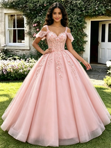 Pink Tulle Straps 3D Flower Quinceanera Dress