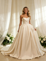 Champagne Satin Strapless Pleats Wedding Dress