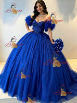 Blue Tulle Off the Shoulder Quinceanera Dress