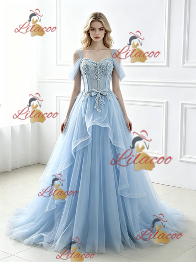 Blue Tulle Lace Straps Prom Dress