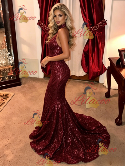 Burgundy Mermaid Sequins Halter Prom Dress