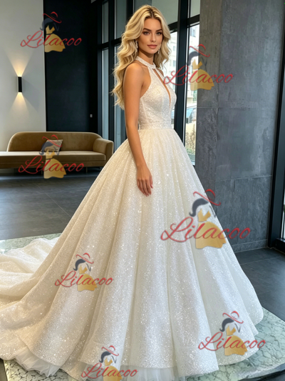 White Sequins Halter Backless Wedding Dress