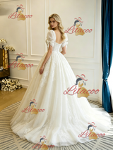 Beige White Tulle Lace Puff Sleeve Appliques Wedding Dress