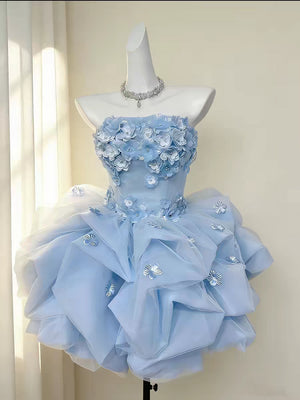 Blue Tulle Strapless Flower Homecoming Dress