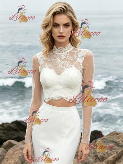 White Mermaid Two Piece Long Sleeve Wedding Dress