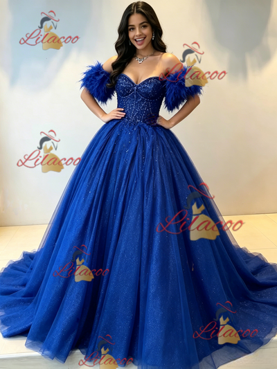Blue Tulle Off the Shoulder Quinceanera Dress