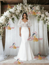 White Mermaid Puff Sleeve Appliques Wedding Dress