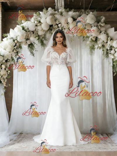 White Mermaid Puff Sleeve Appliques Wedding Dress