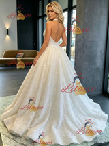 White Sequins Halter Backless Wedding Dress