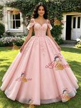 Pink Tulle Straps 3D Flower Quinceanera Dress