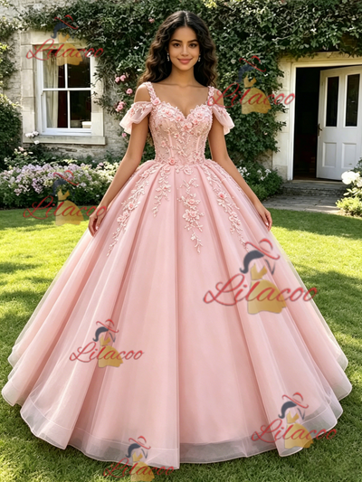 Pink Tulle Straps 3D Flower Quinceanera Dress