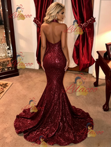 Burgundy Mermaid Sequins Halter Prom Dress