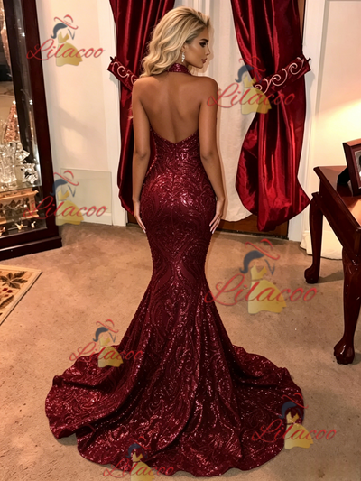 Burgundy Mermaid Sequins Halter Prom Dress