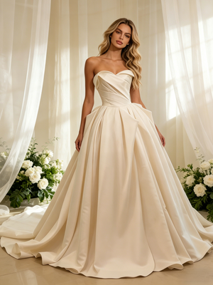 Champagne Satin Strapless Pleats Wedding Dress