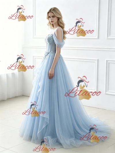 Blue Tulle Lace Straps Prom Dress