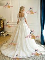 Beige White Tulle Lace Puff Sleeve Appliques Wedding Dress