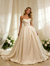 Champagne Satin Strapless Pleats Wedding Dress