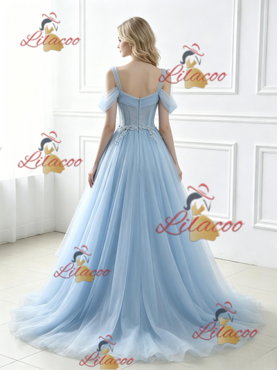 Blue Tulle Lace Straps Prom Dress