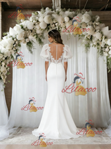 White Mermaid Puff Sleeve Appliques Wedding Dress