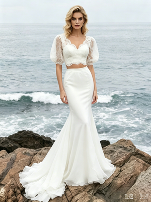White Mermaid Two Piece Puff Sleeve Wedding Dress