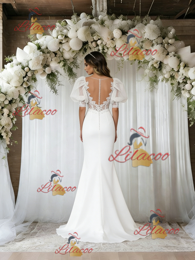 White Mermaid Puff Sleeve Appliques Wedding Dress
