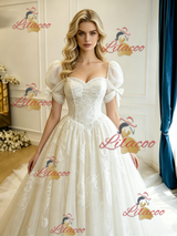 Beige White Tulle Lace Puff Sleeve Appliques Wedding Dress