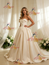 Champagne Satin Strapless Pleats Wedding Dress