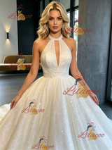 White Sequins Halter Backless Wedding Dress