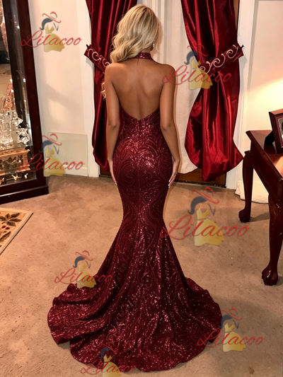 Burgundy Mermaid Sequins Halter Prom Dress