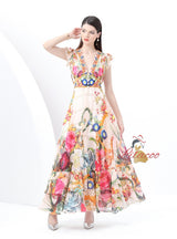 V-neck Slim Breasted Printed Slit Dress