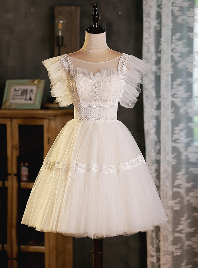 White Tulle Lace Scoop Neck Homecoming Dress